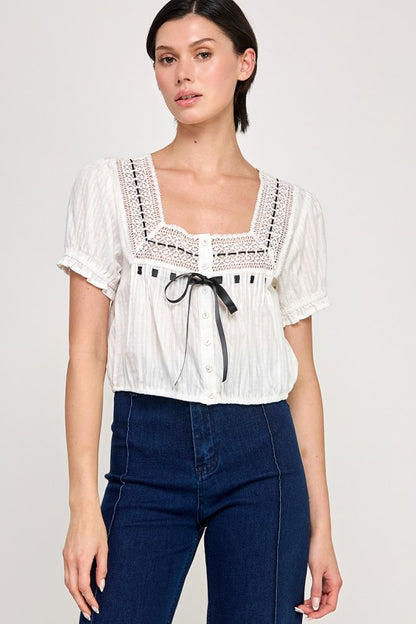 Dainty White Blouse with Black Ribbon