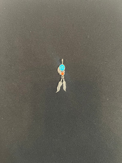 Vintage Turquoise and Coral Feather Pendant