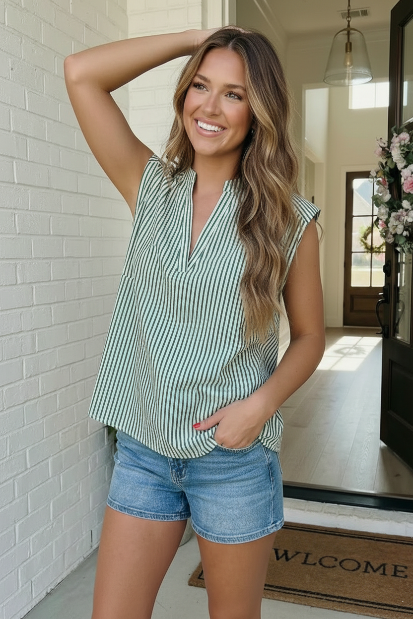 Green and White Striped V-Neck