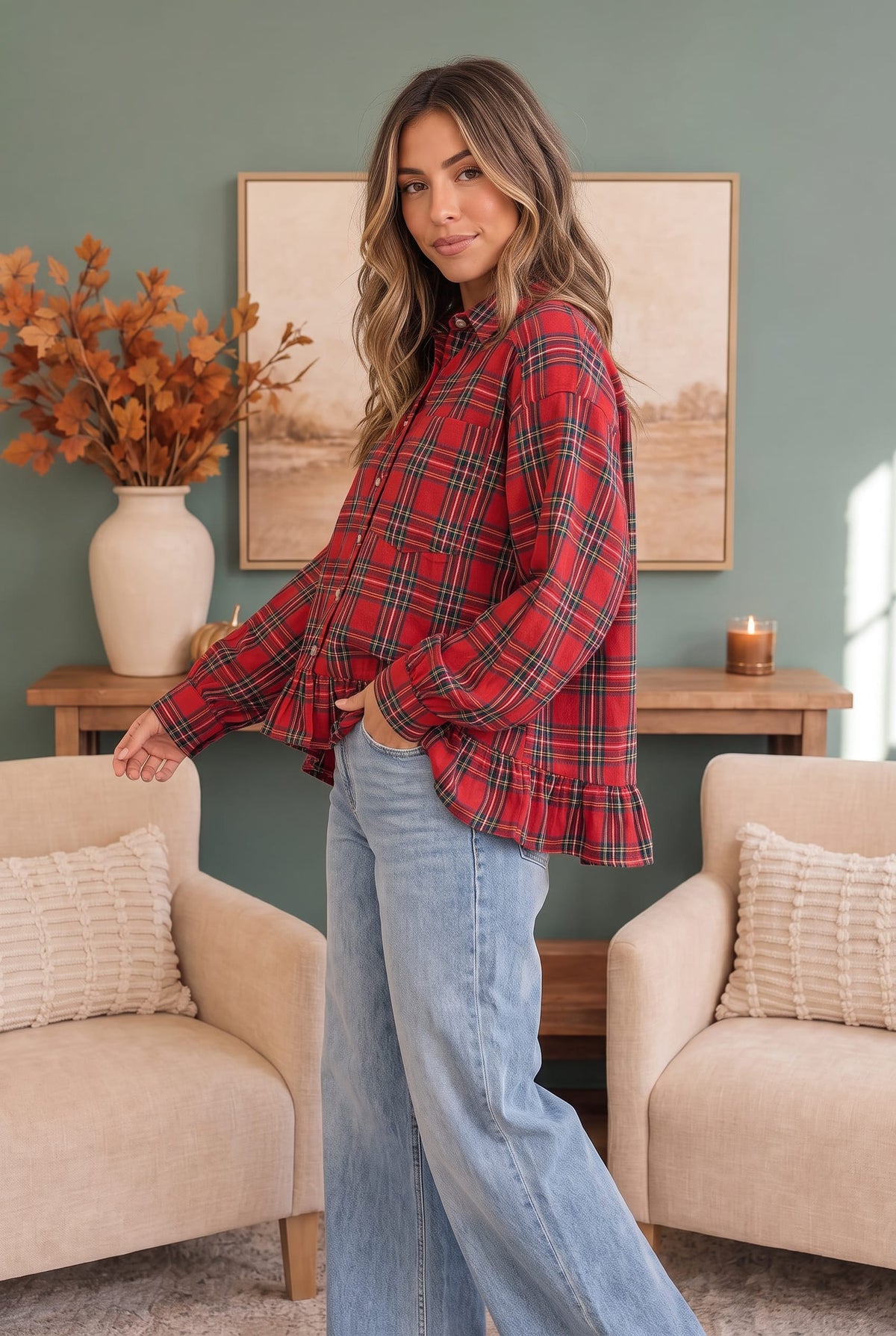 Ruffle Plaid Flannel Top in Red
