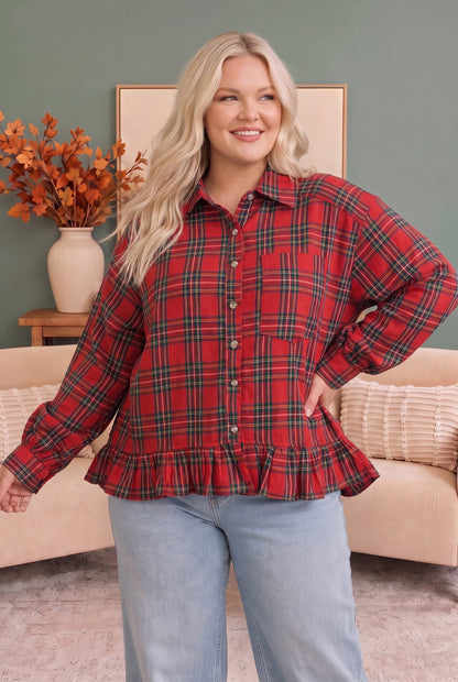 Ruffle Plaid Flannel Top in Red