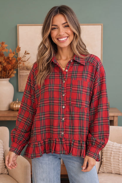 Ruffle Plaid Flannel Top in Red
