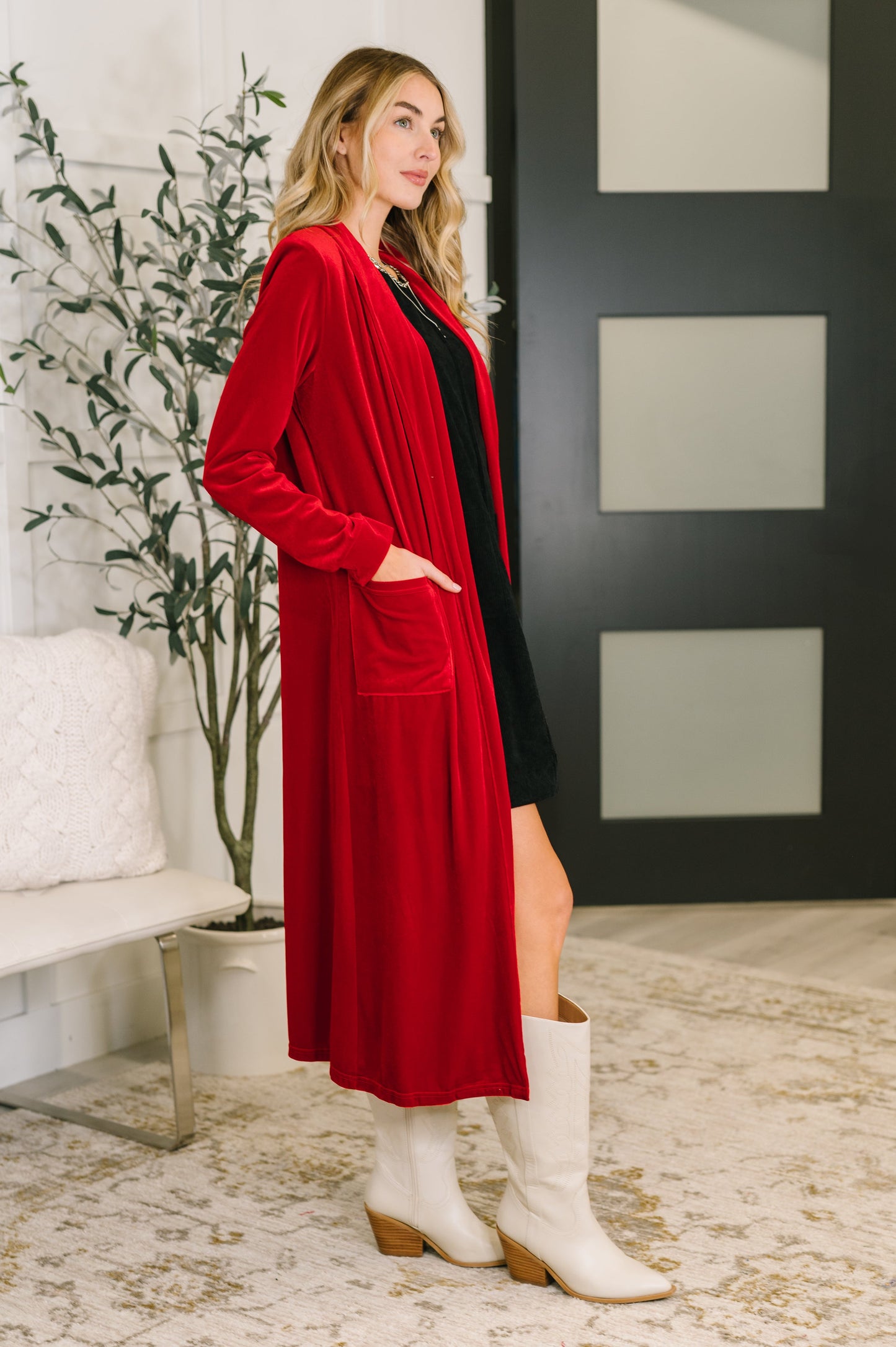 Velvet  Red Long Cardigan