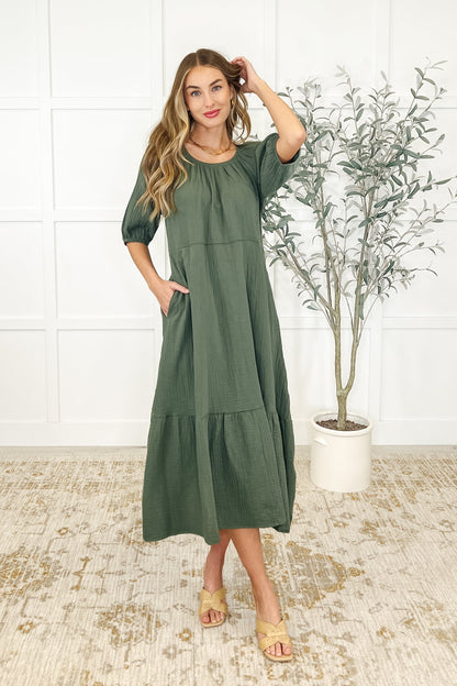 Dusty Pine Cotton Dress - Goes up to 4X