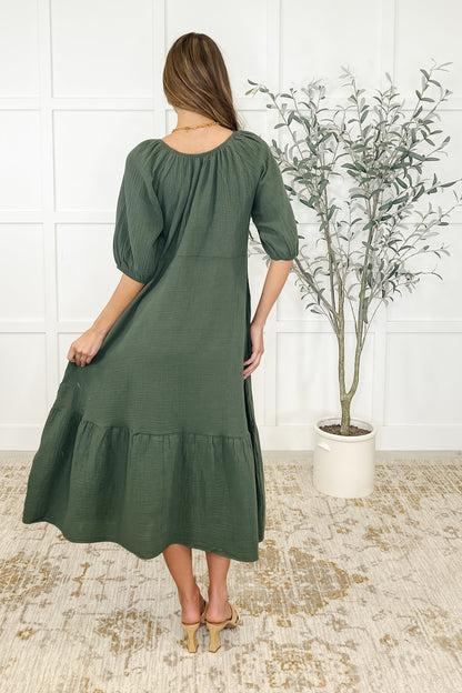 Dusty Pine Cotton Dress - Goes up to 4X