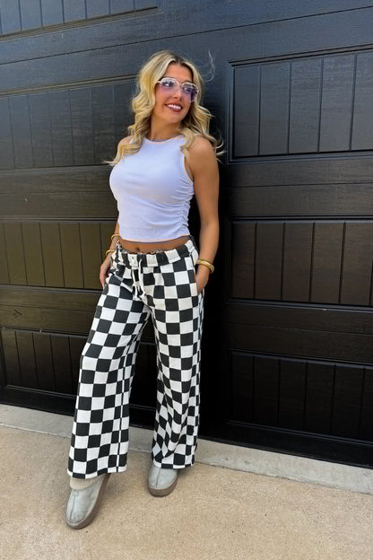 Checkered Wide Leg Pants in Black