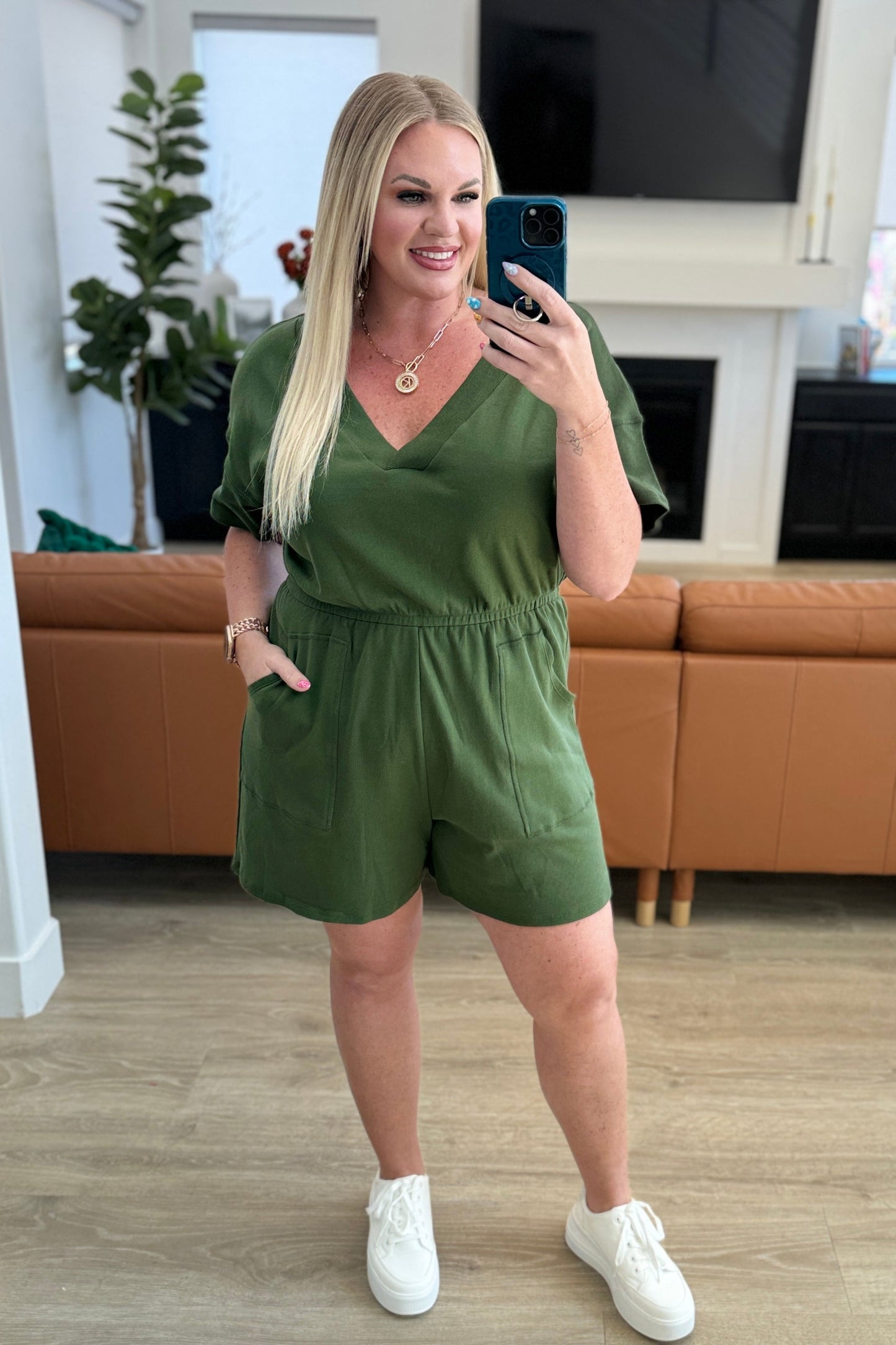 Army Green Short Sleeve Romper