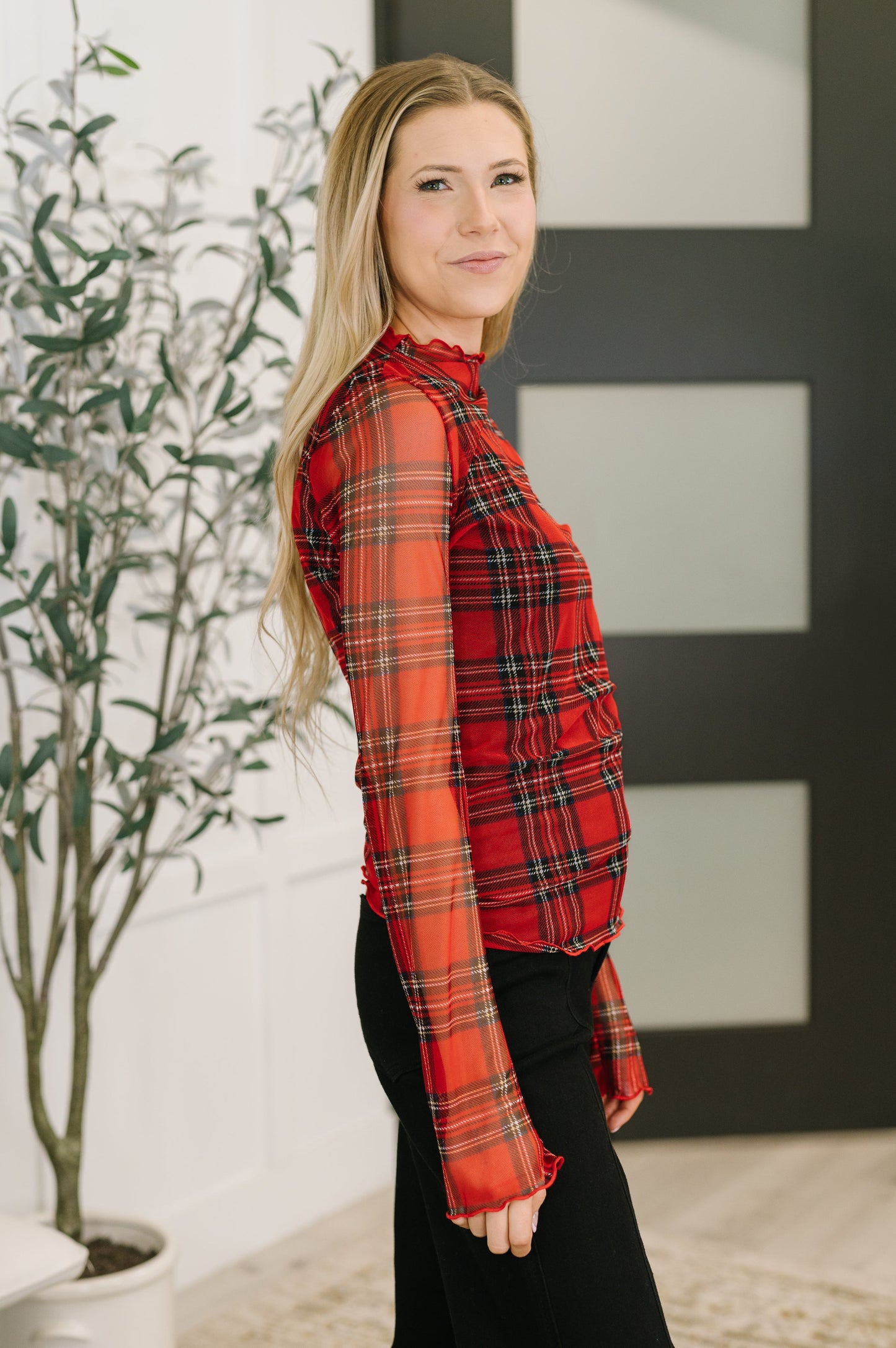 Plaid Mesh Layering Top in Red