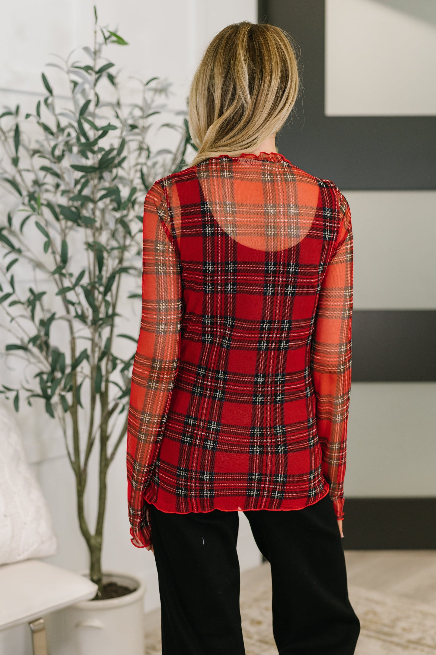 Plaid Mesh Layering Top in Red