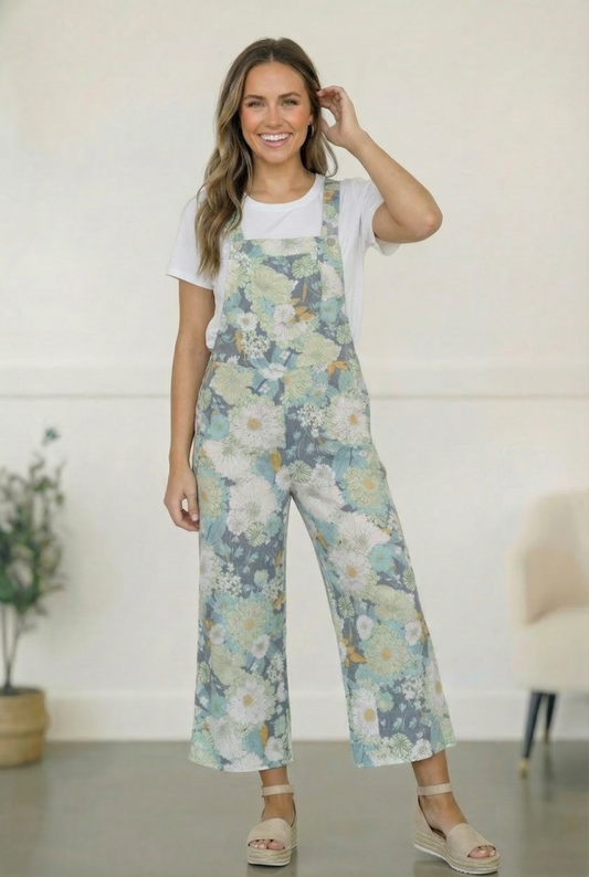 Sage Floral LInen Overalls