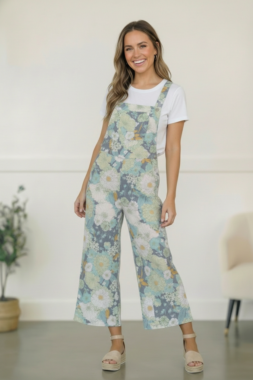 Sage Floral LInen Overalls