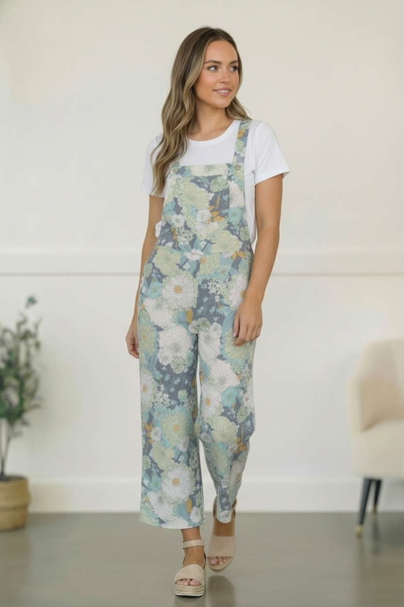 Sage Floral LInen Overalls