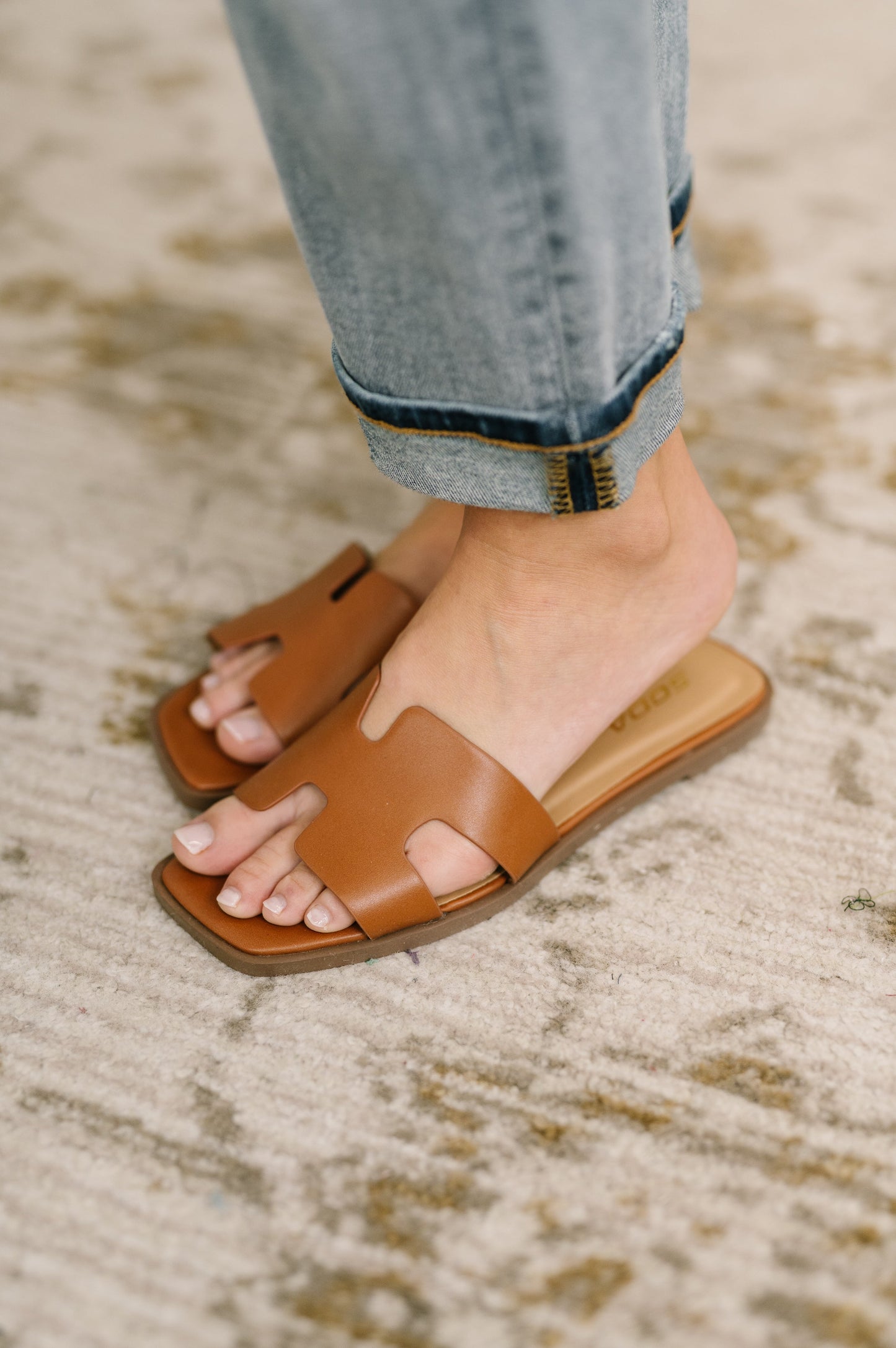 Square Toe Slide on Sandal in Cognac