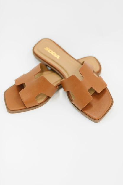 Square Toe Slide on Sandal in Cognac