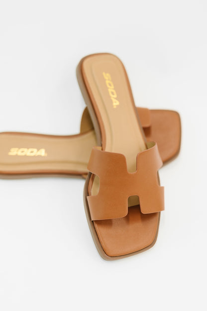 Square Toe Slide on Sandal in Cognac