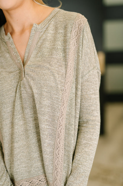 Lace Accent Henley Top in Taupe