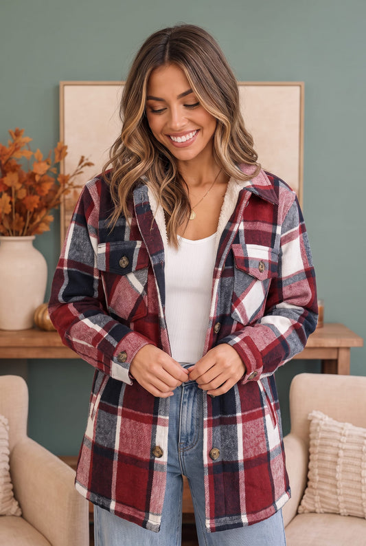 Woods Flannel Shacket in Wine and Navy
