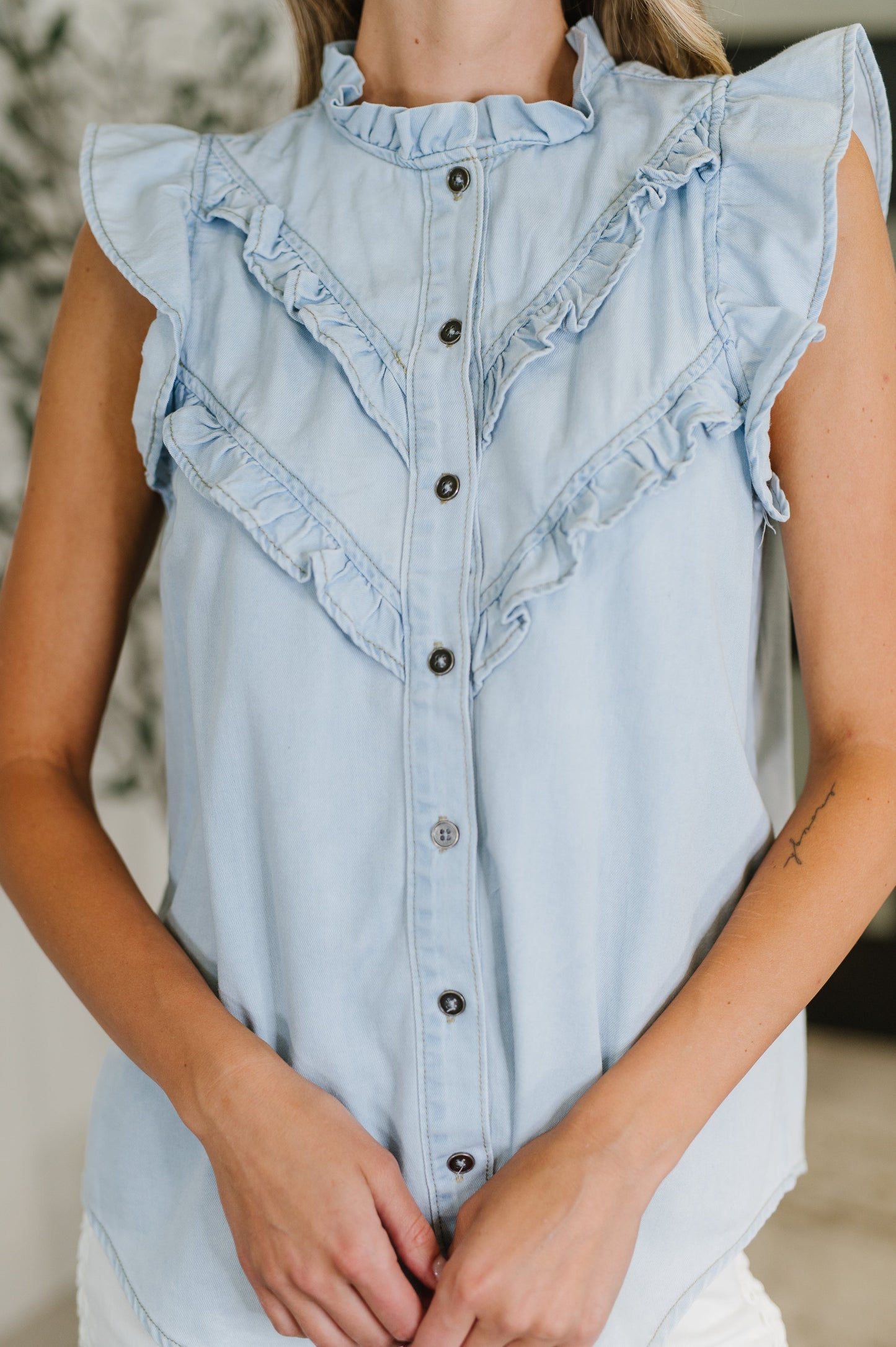PREORDER: Chambray Ruffle Top