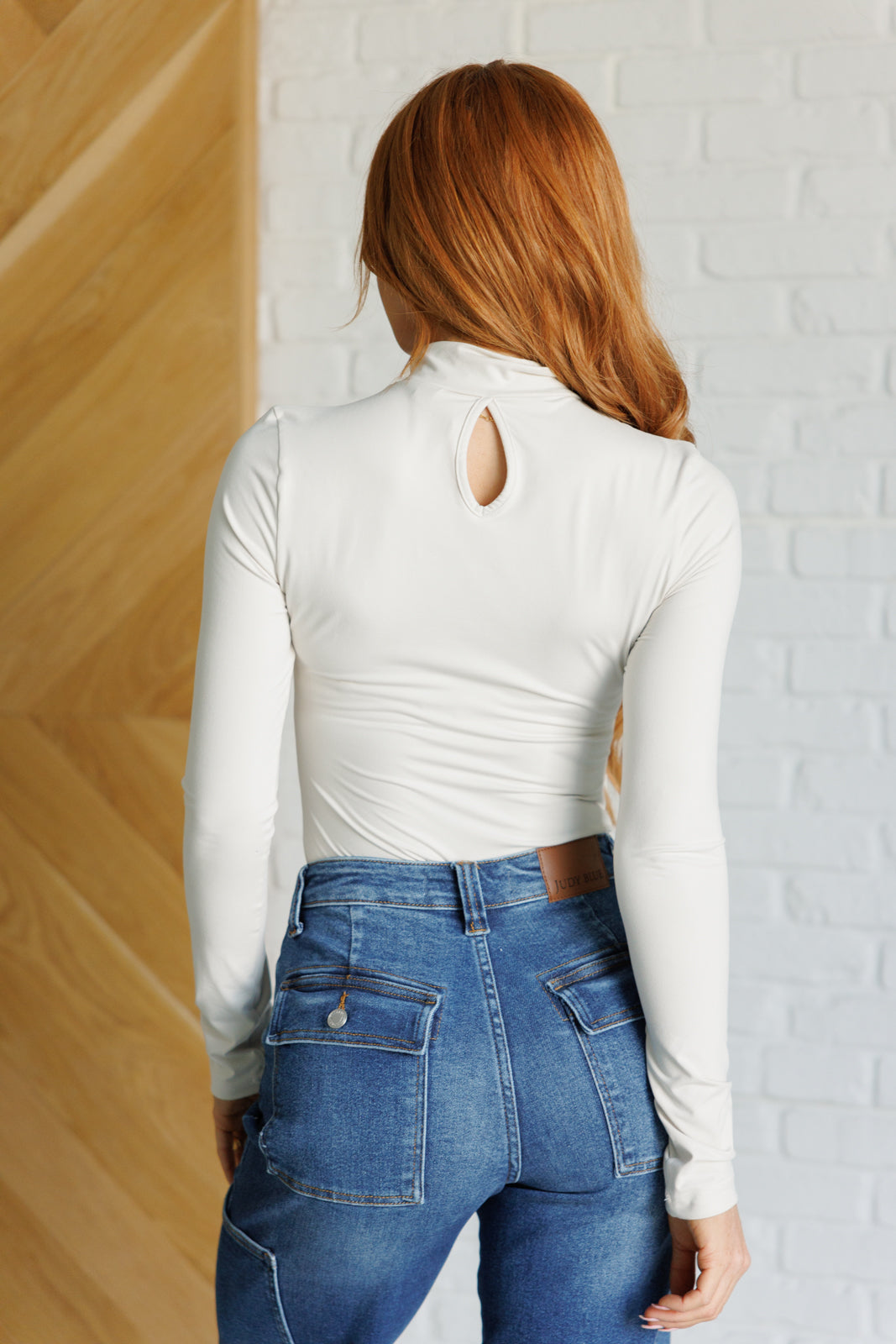 Mock Neck Bodysuit in White Pearl