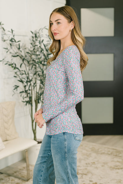Flowered Scoop Neck Henley