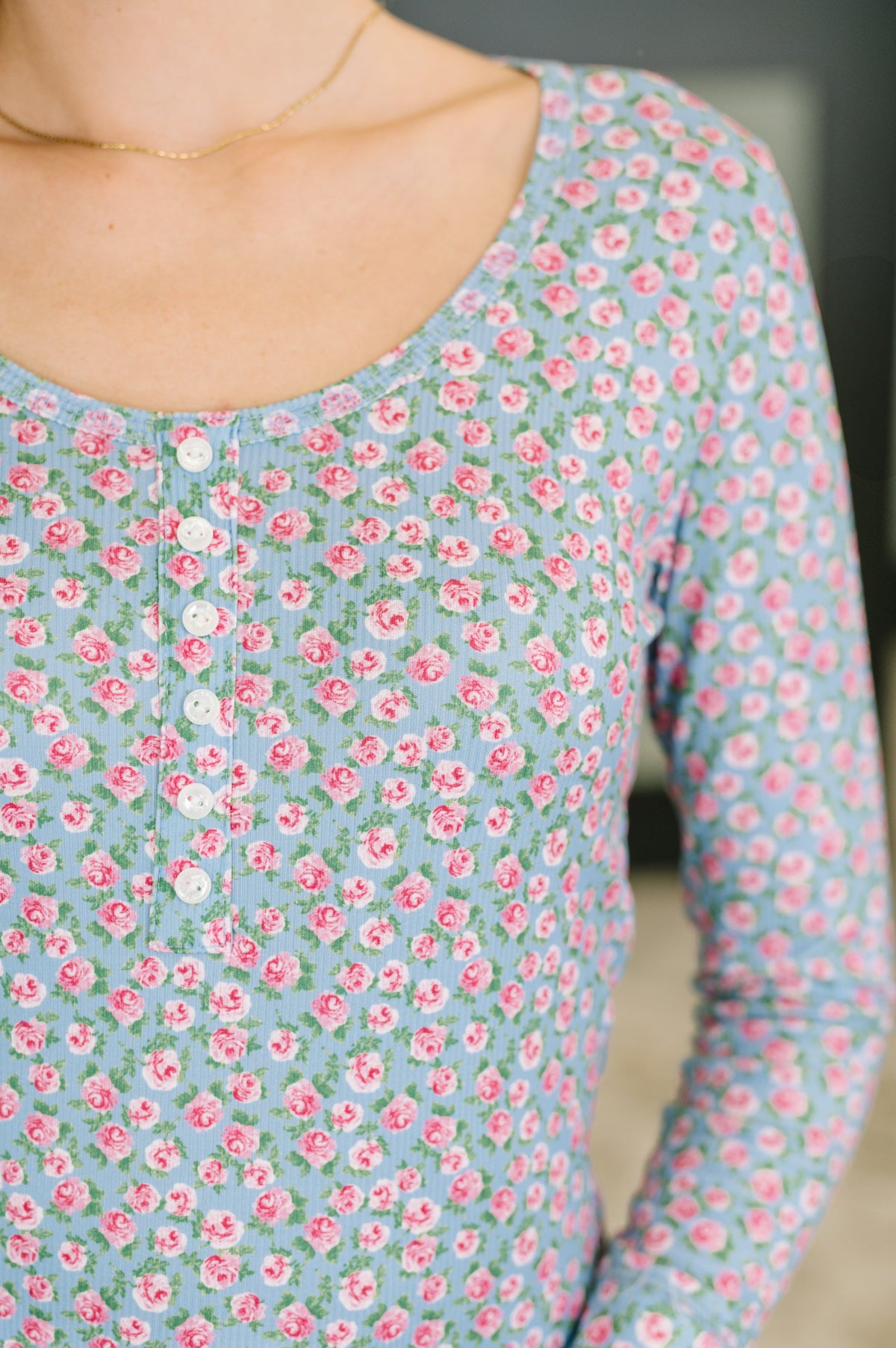Flowered Scoop Neck Henley