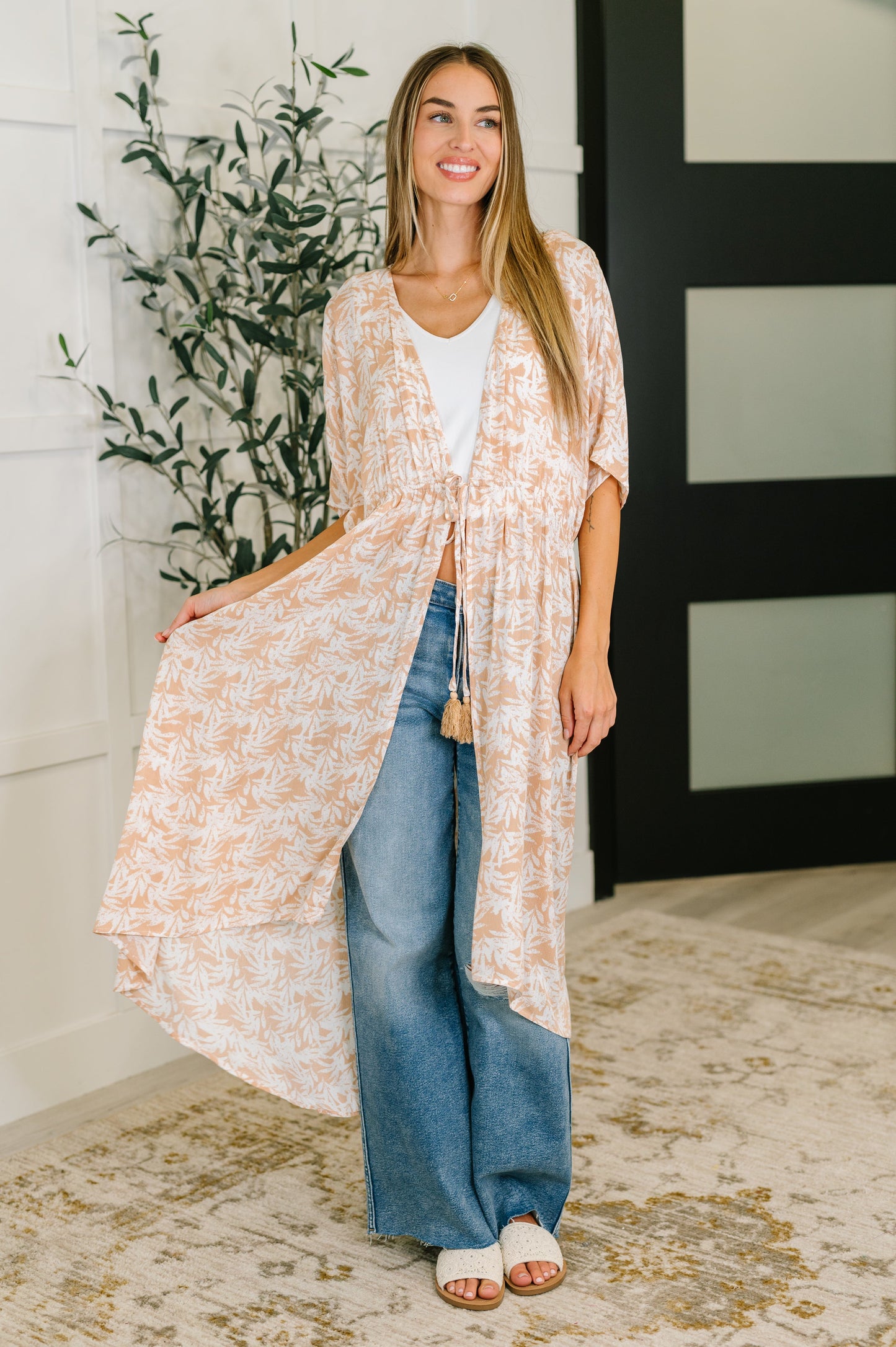 Tropical Print Gauze Kimono in Milk Tea