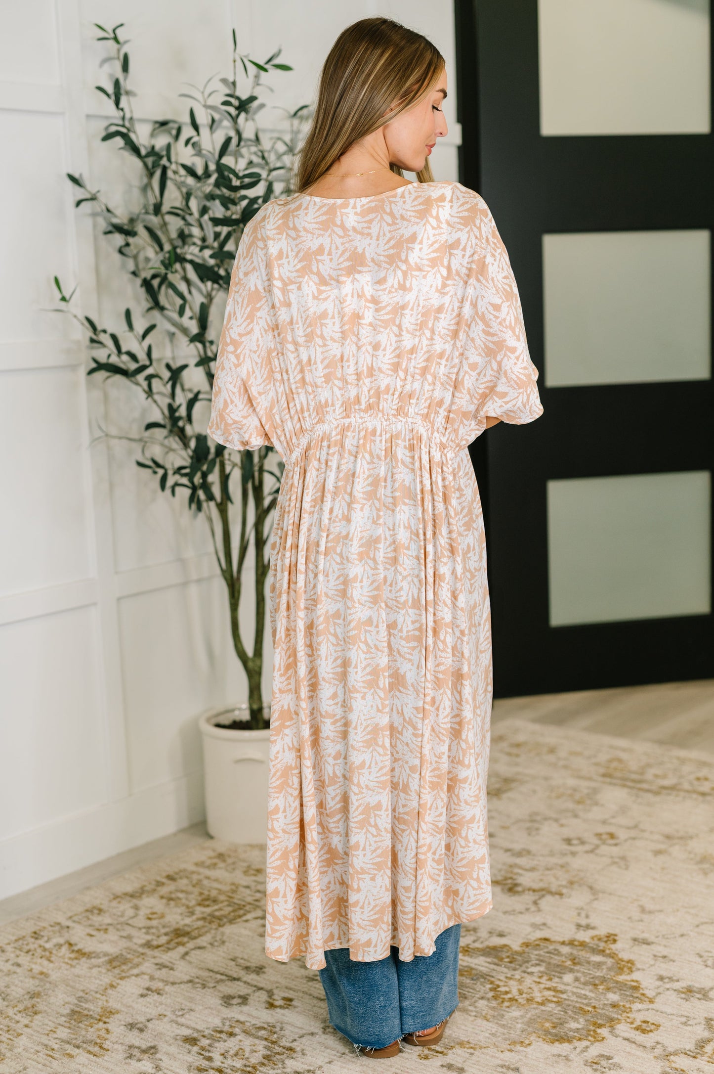 Tropical Print Gauze Kimono in Milk Tea