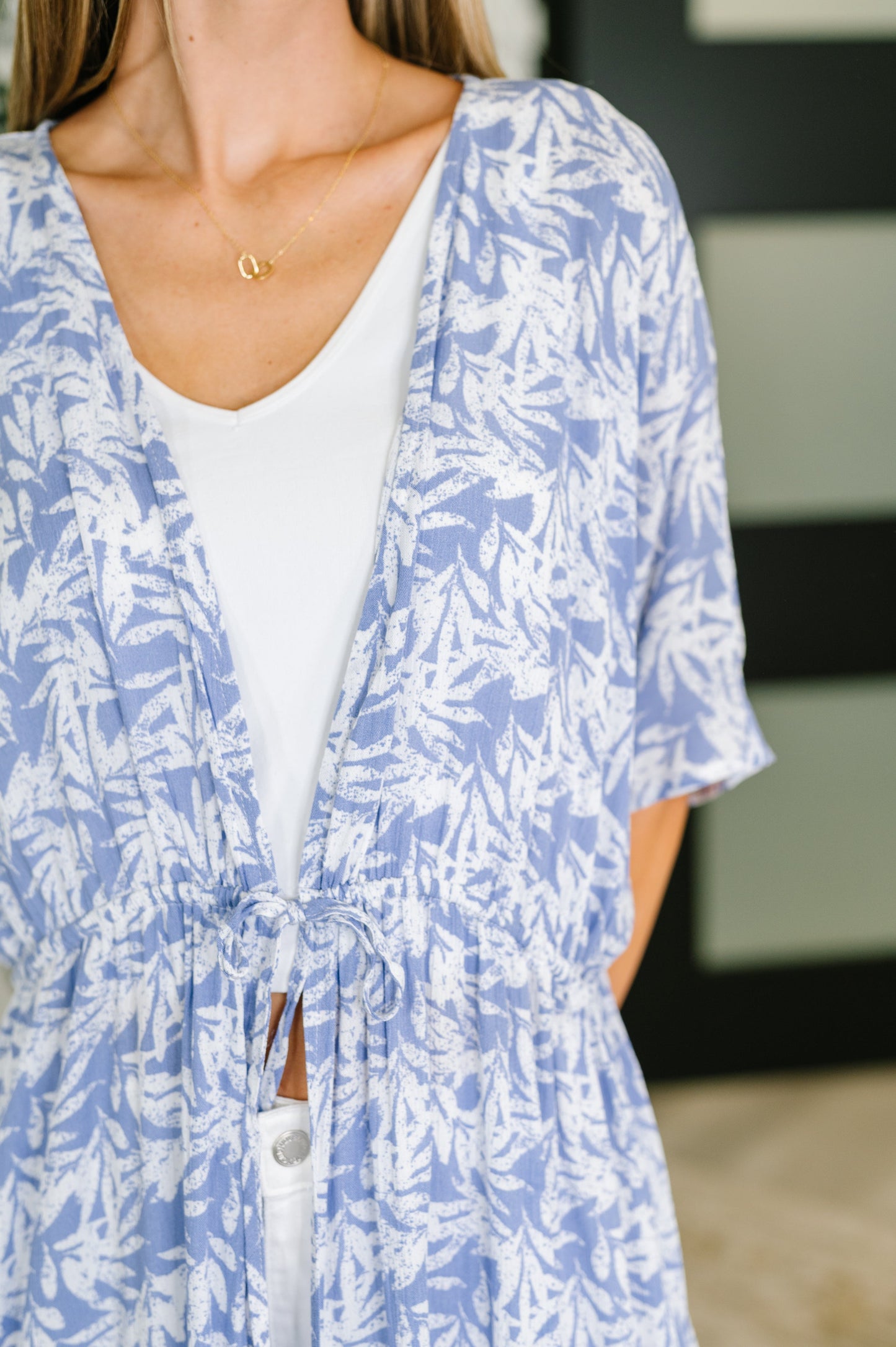 Tropical Print Gauze Kimono in Periwinkle