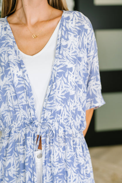 Tropical Print Gauze Kimono in Periwinkle
