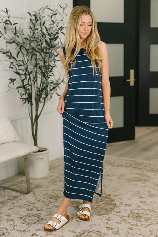 Navy Striped Sleeveless Maxi