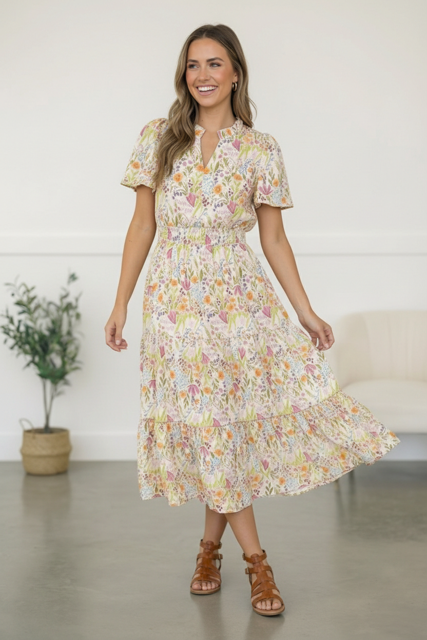 Petals in the Breeze Smocked Midi Dress