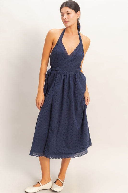 Navy Eyelet Halter Dress