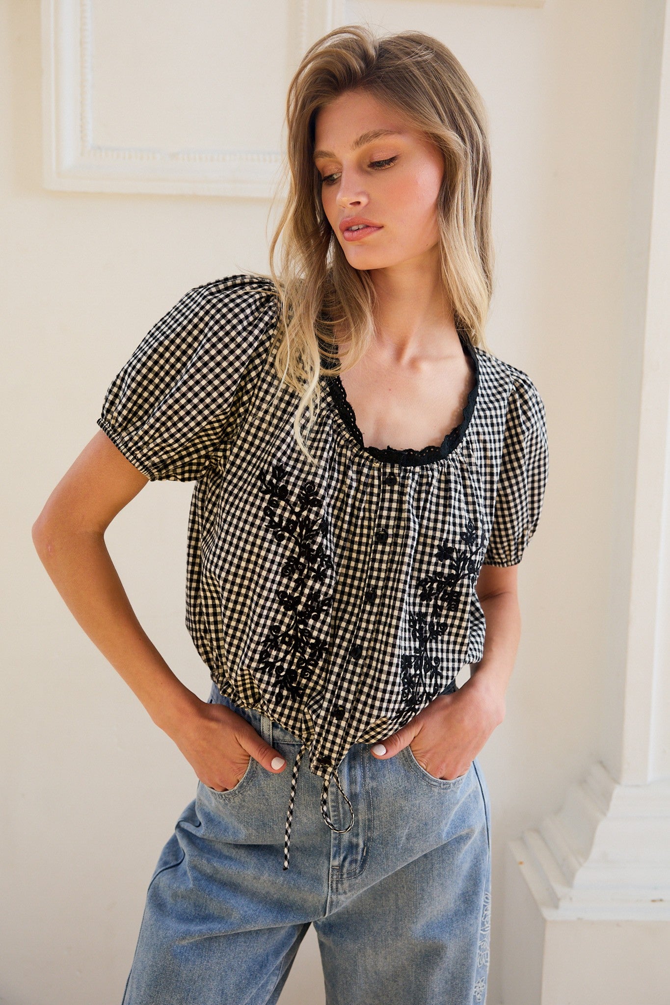 Floral Embroidered Gingham Blouse