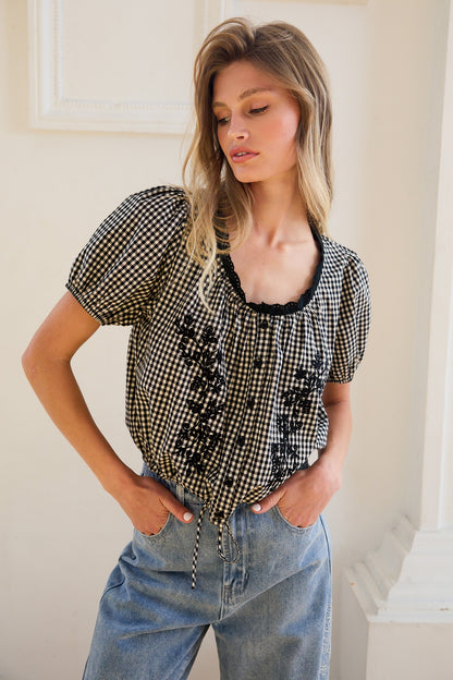 Floral Embroidered Gingham Blouse
