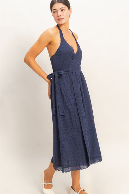 Navy Eyelet Halter Dress