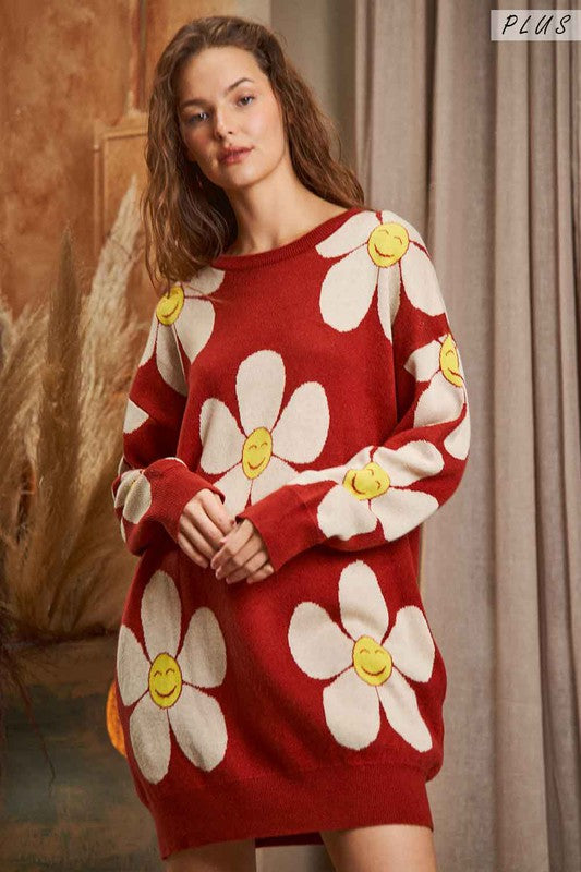 Plus - Happy Face Floral Sweater