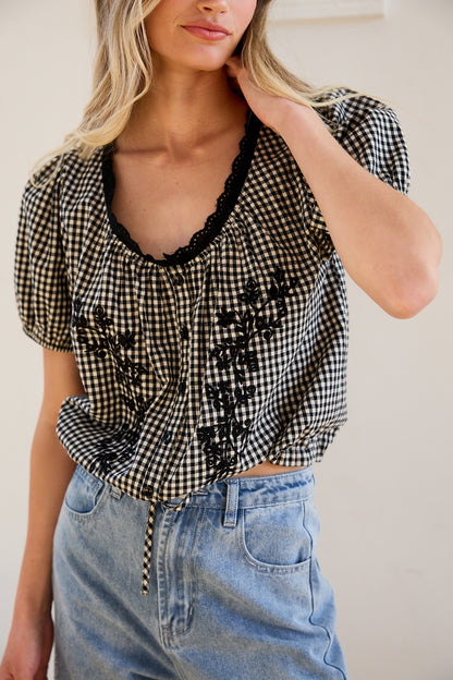 Floral Embroidered Gingham Blouse