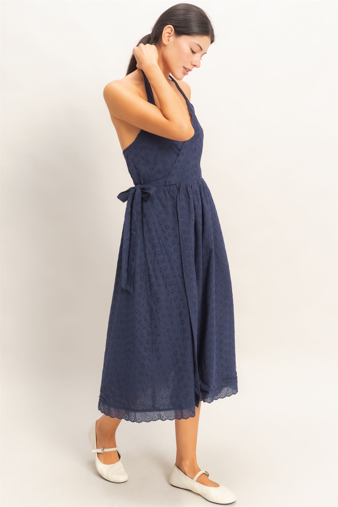 Navy Eyelet Halter Dress