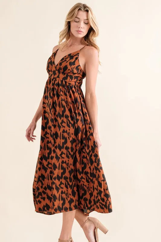 Leopard Plunge Dress Brown / S