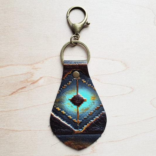 Embossed Leather Key Chain in Blue Navajo