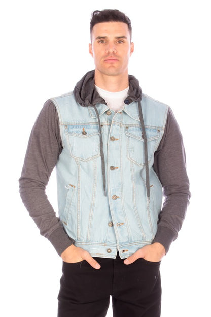 Hooded Denim Jacket in Light Blue