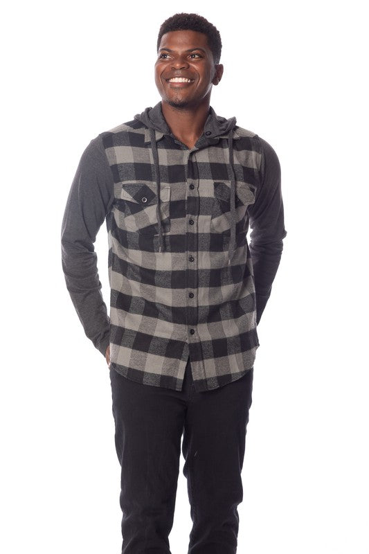 Men's Flannel Hoodie in Charcoal/Black