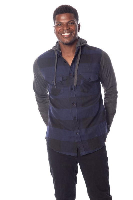 Men's Flannel Hoodie in Blue/Black