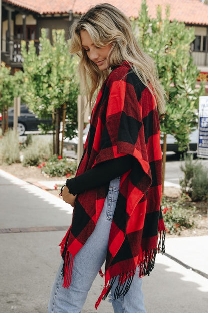 Buffalo Plaid Tassel Poncho