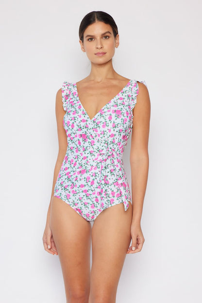 Ruffle Faux Wrap One-Piece in Roses Off-White