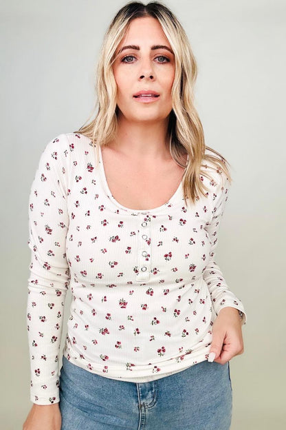 Floral Henley Top with Built in Bra