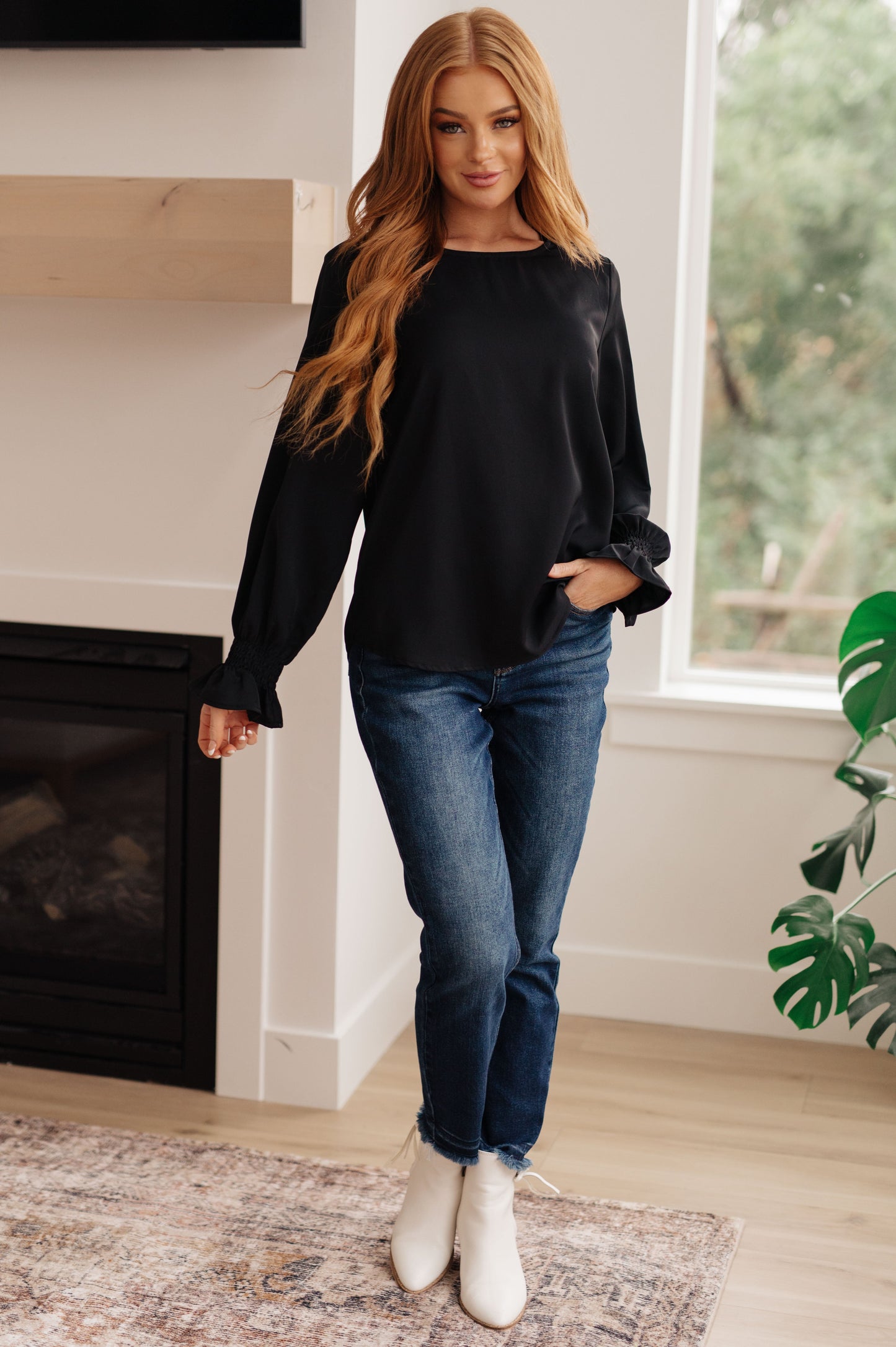 Smocked Sleeve Blouse in Black