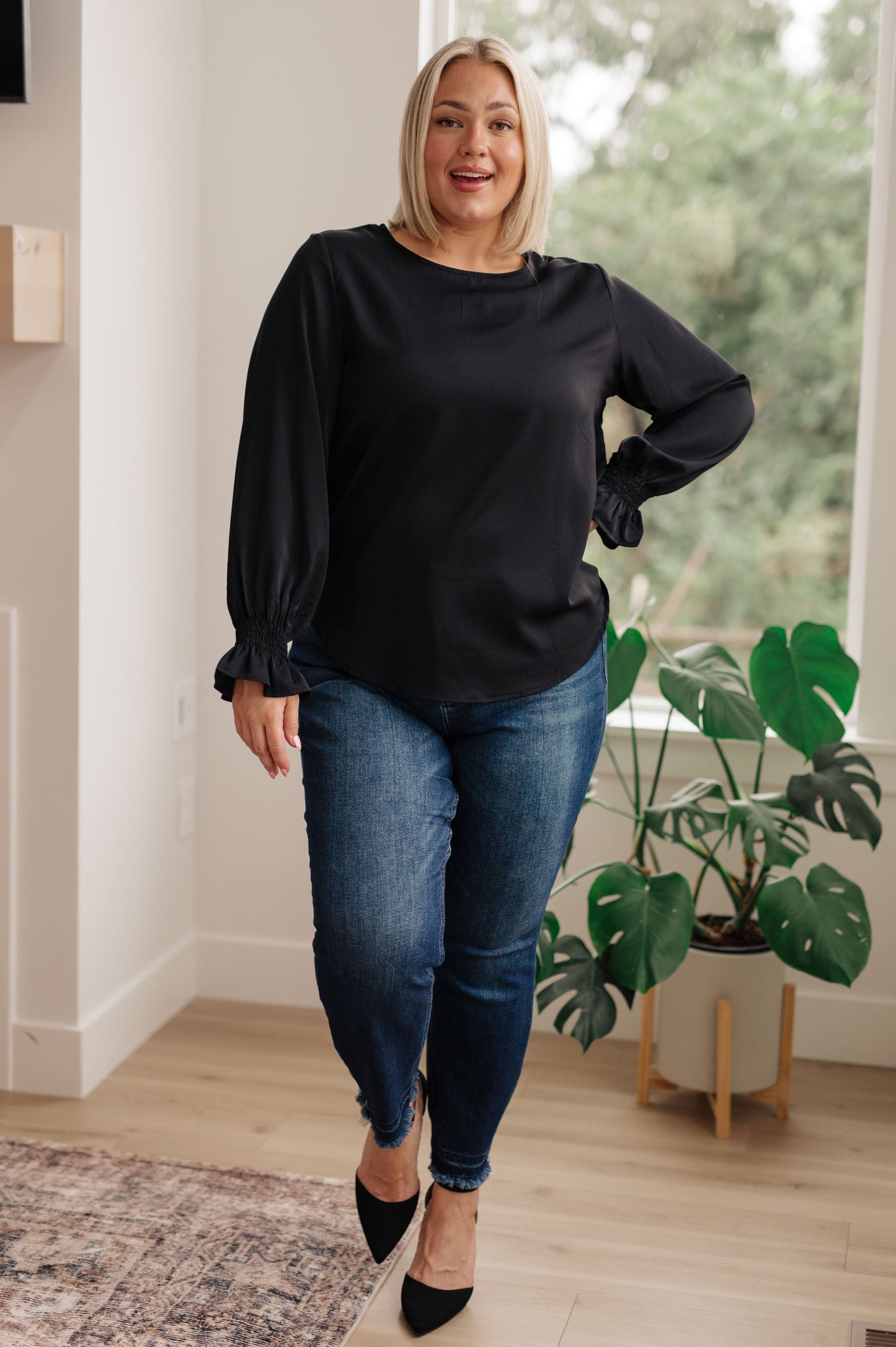 Smocked Sleeve Blouse in Black