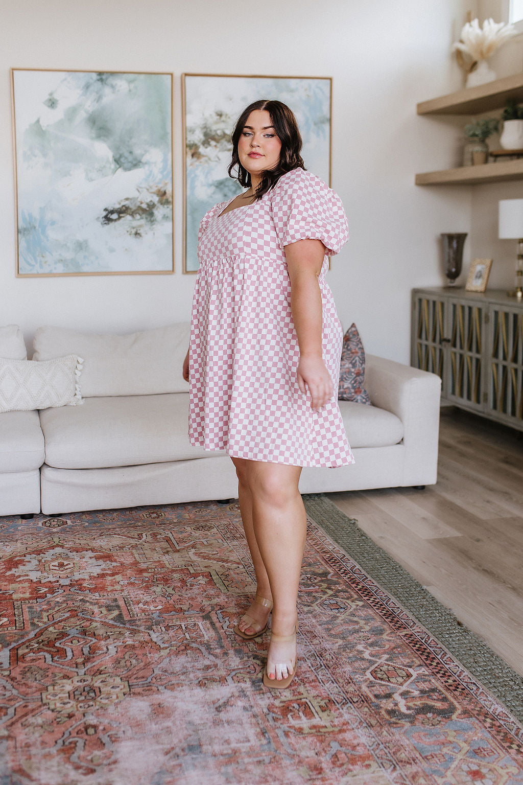Checkered Babydoll Dress in Pink