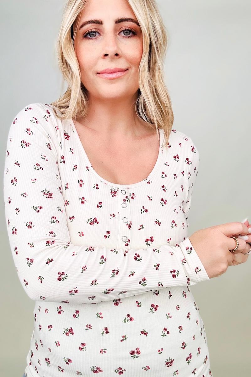 Floral Henley Top with Built in Bra